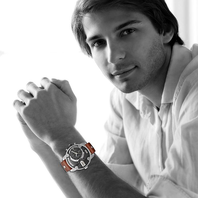 Diesel DZ7264 SBA Dual Time Men's Watch – Black Dial & Brown Leather Strap