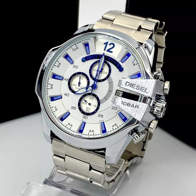 Diesel DZ4477 Mega Chief Chronograph Men's Watch – White Dial & Silver Stainless Steel Strap