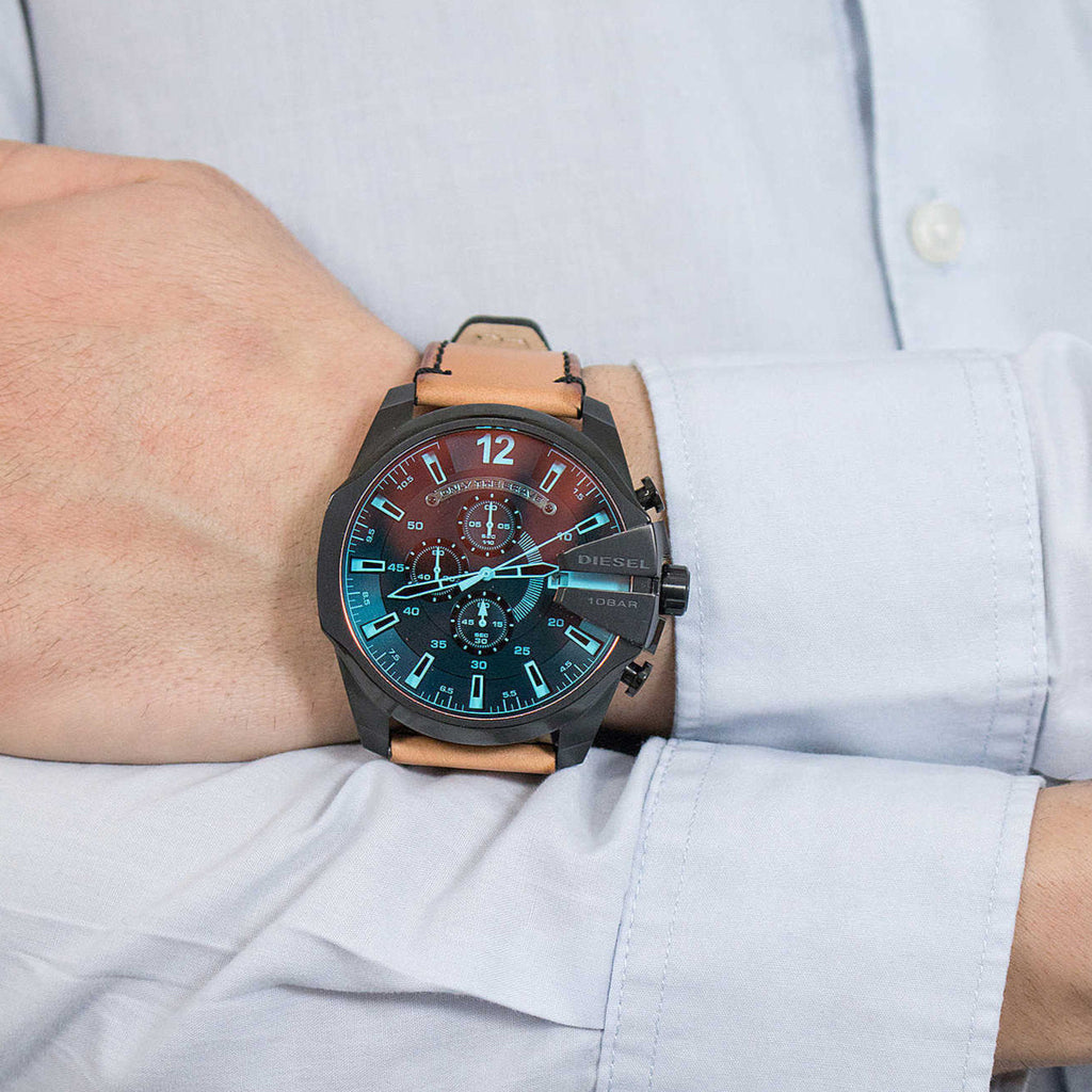 Diesel DZ4476 Mega Chief Chronograph Men's Watch – Black Dial & Brown Leather Strap